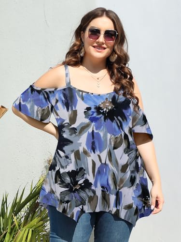 Image of LARACE Cold Shoulder Tops for Womens Summer Clothes Spaghetti Strape Tunic Oversized Shirts Asymmetrical Plus Size Blouse