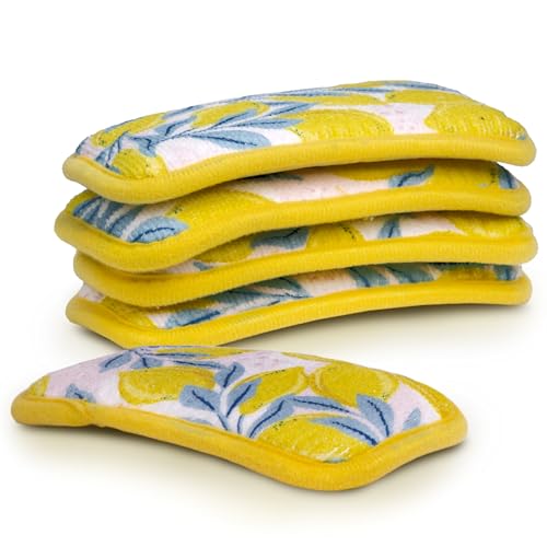 Image of Simplified 5-Pack Scrub & Wipe 2-in-1 Dishwashing Sponges - Non-Abrasive Cleaning Sponges, Double-Sided - Safe for Dishes, Non-Stick Pans or Glassware, Absorbent Dish Sponges, Yellow Leaves