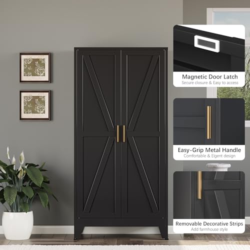 Image of Bevivog 61 inch Kitchen Pantry Cabinet, Farmhouse Metal Storage Cabinet with 2 Doors and 3 Adjustable Shelves, Metal Pantry Closet Cabinets for Kitchen Bathroom, Home Office, Living Room