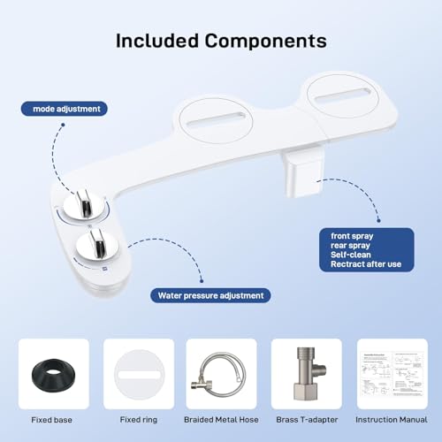 Homfan Toilet Bidet Attachment, Non-Electric Dual Nozzle (Feminine/Bidet Wash), Self-Cleaning Fresh Cold Water Sprayer Bidets for Toilets with Adjustable Water Pressure (Dual Knob, Chrome)