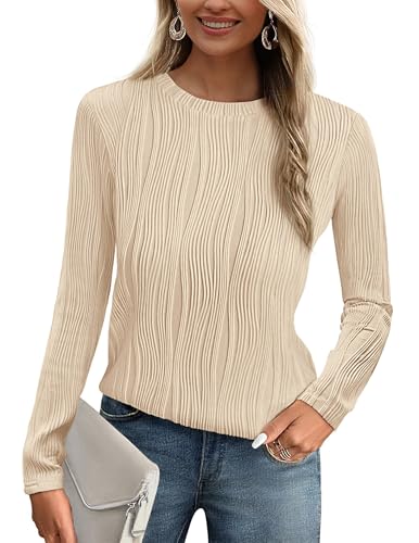 PRETTYGARDEN Long Sleeve Tops for Women 2025 Spring Fall Trendy Business Dressy Casual Shirts Crewneck Textured Blouse