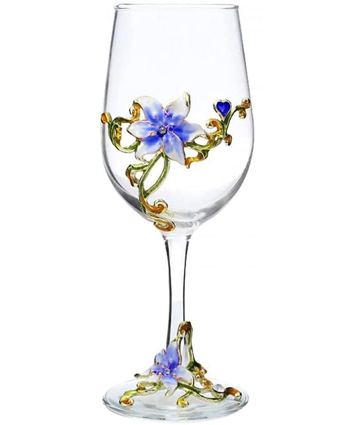 Simcat Handmade Painted Enamel Flower Glass Wine Glasses Transparent Refined Goblet, Stem For Cabernet, Gifts (Blue single gift box,1 Gift Box)
