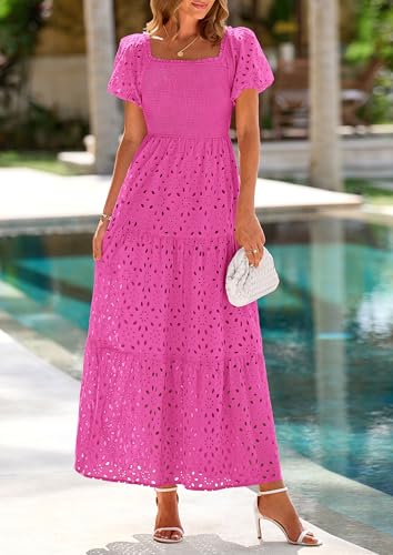 Image of PRETTYGARDEN Summer Dresses for Women 2026 Eyelet Square Neck Puff Sleeve Smocked Wedding Guest Maxi Dress with Pockets
