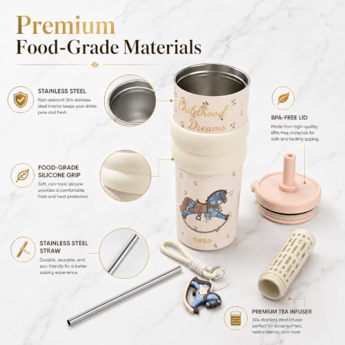 Image of Vasukie Stainless Steel Travel Tumbler with Straw and Lid, Vintage Rocking Horse Thermal Coffee Cup, Leakproof Water Bottle for School, Office, Car, Cottagecore Gift for Girls & Women (700ML)