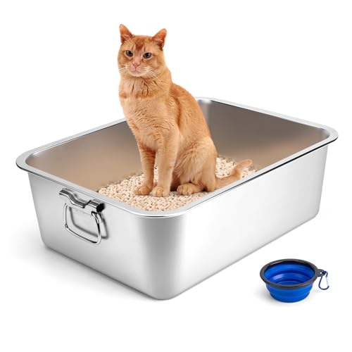 Bac à litière Chat, Bac en Acier Inoxydable avec poignée, Plateau d'alimentation Rabattable, Anti-odeurs, Surface Lisse antiadhésive (60x40x15cm)