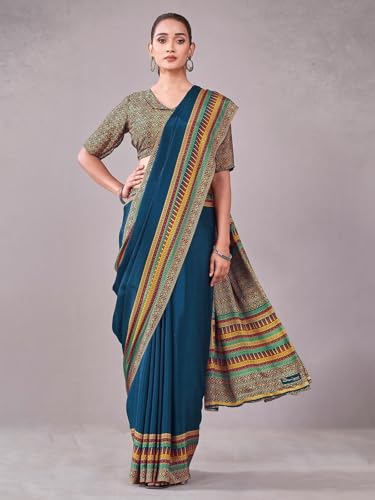 Image of Satrani Women's Crepe Printed Saree with Unstitched Blouse Piece