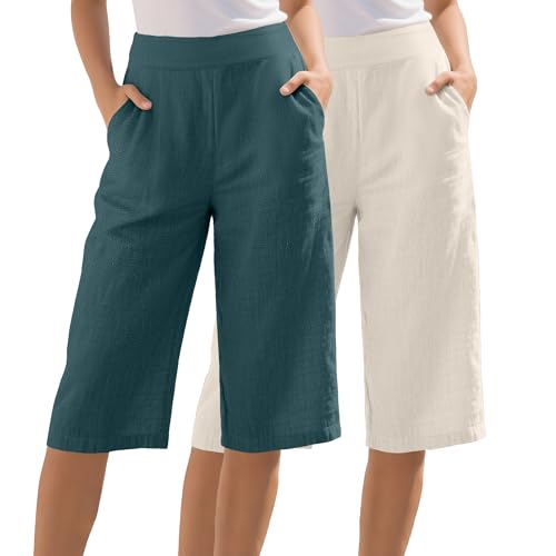 2 Pack Women's Linen Capri Pants Wide Leg Cropped Palazzo Trousers with Pockets High Waist Beach Summer Casual Pants(Flaxen, Haze Blue,X-Large)