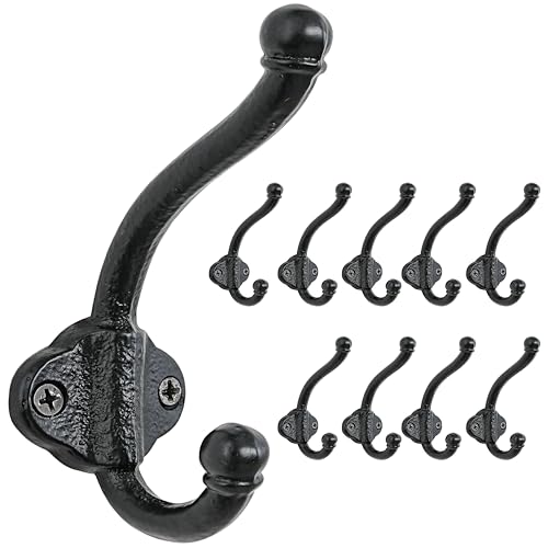 Dseap Cast Iron Wall Hooks L=5”, Heavy Duty Coat Hooks, Rustic Vintage Farmhouse Hook for Hanging Winter Coats Jackets Towels Hats Bags Plants, Antique Black, Pack of 10 (VintageBold)