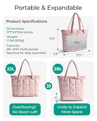Image of BAGSMART Expandable Tote Bag for Women, Puffer Work Tote Handbag, Quilted Carry On Bag for Travel Gym