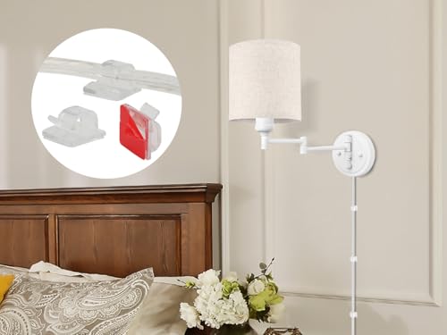 Image of GOODATE Plug in Wall Sconces with Remote Control, Dimming, Adjustable Colors 2700K-6500K, Hardwire or Plug-in, Swing Arm Wall Lamp with Linen Fabric Shade, Wall Sconces Set of Two, White Finish