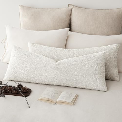 Image of Foindtower Decorative Textured Boucle Throw Pillow Covers Accent Solid Pillow Cases Neutral Long Body Lumbar Couch Cushion Case for Chair Sofa Bedroom Living Room Home Decor 14x36 Inch,1PC,White