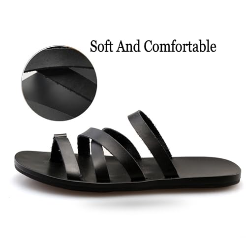 Men's Leather Strappy Toe Loop Casual Flat Beach Slides Sandals Open Round Toe Lightweight Non-Slip Slip On Summer Roman Flip Flops Slides for Beach Walking Summer Sandals4
