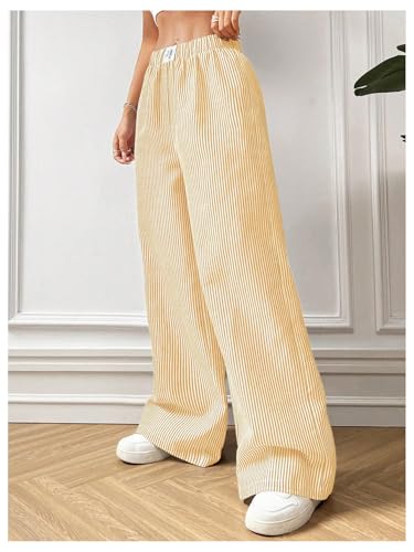 MakeMeChic Women's Striped Pants Elastic Waist Wide Leg Straight Summer Trousers4