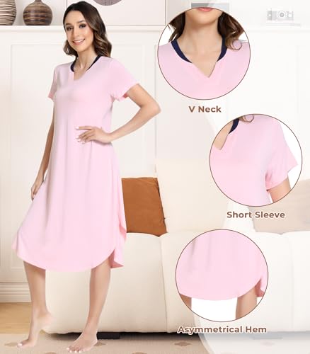 Image of NACHILA Nightgowns for Women-Viscose Made from Bamboo,Short Sleeve Nightshirts V Neck Sleep Shirt Loose Sleep Dress