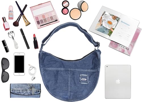 Image of Denim Hobo Halfmoon Design Roomy Large Capacity Adjustable Crossbody Shoulder Handbag Purse for Women
