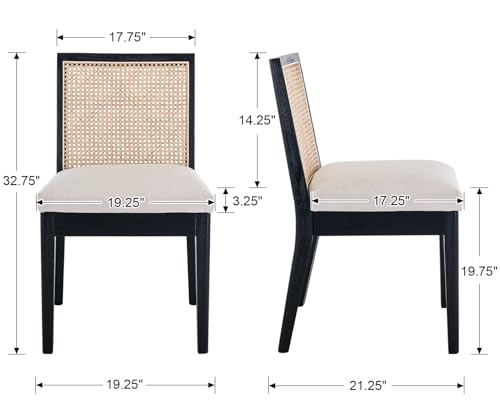 Image of HNY Farmhouse Rattan Dining Chairs Set of 4, Black Solid Hardwood Frame, Upholstered Linen Seat, Ergonomic Cane Back Dining Room Chairs for Kitchen, Dining Room, Apartment, Beige