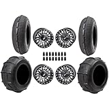 Tusk Set of Sand Lite Tires Mounted on 4/156 Teton Gun Metal/Black Wheels with Black Lug Nuts 32x10-15 (Ribbled / 32x12-15 (15 Paddle) Compatible with Polaris RZR UTV (Gun Metal, 5+5 Wheel Offset)