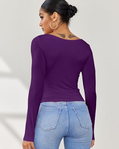 Dwnval Double Lined Square Neck Long Sleeve Shirts for Women - Basic Slim Fit Crop T Shirt2