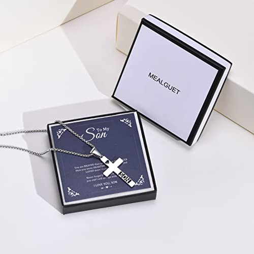 Mealguet Heart Cross Necklace To Son : Stainless Steel Minimalist Polished Son Pendant Necklace With A Heart Design, Love Jewelry Gift From Mom Dad With Card,24" Chain, Graduation Gift #TOP4