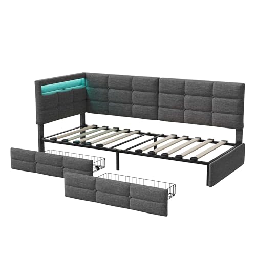 Julyue Polsterbett Schlafsofa 90x200 mit 2 Schubladen Stauraum, Jugendbett 90x200 mit LED-Beleuchtung und USB-Ladestation, Einzelbett mit Lattenrost aus Holz,Leinen Grau(ohne Matratze)