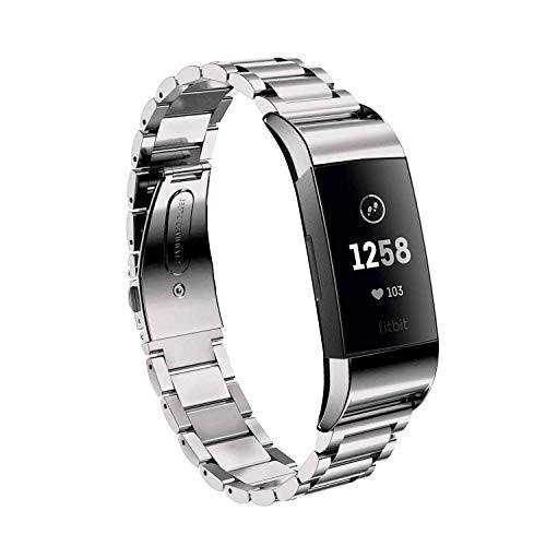 MORAN Stainless Steel Watch Band Compatible with Fitbit Charge 4/Charge 3/SE Replacement Metal Bracelet Strap Women Men (Silver)
