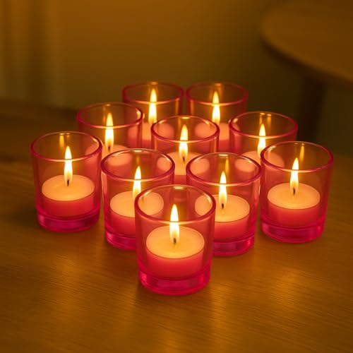 Image of Pure Source India Set of 12 Votive Glass Candle Holders with Tealight Candles | Decorative Diwali Lights for Home, Pooja & Festive Decor (Pink)