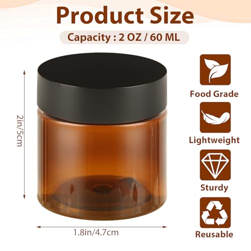 50 PCS 2 Oz Amber Jars with Lids Small Jars with Lids Amber Plastic Containers with Lids Leak Proof Amber Cosmetic Jars with Black Lids for Creams,Lotion, Powder, Ointments2