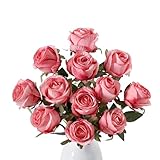 Wenhuidr 12pcs Deep Pink Roses Artificial Flowers – Realistic Silk Velvet Fake Flowers with Long Stems for Valentines Day Wedding Bouquets Home Decoration Party Centrepieces & DIY Floral Arrangements