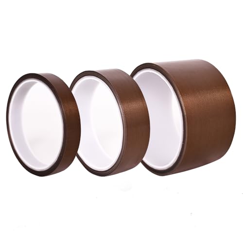 Image of High Temperature Adhesive Tape 3 Rolls Heat Resistant PTFE Fiberglass Tape 0.6in / 1in / 2in (15mm /25mm /50mm) Width, 10m /33ft Length, Brown
