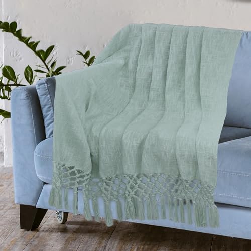 Image of HAKAM Cotton Throw Blanket with Macrame Tassels for 3 Seater Sofa | Ideal for Your Home, Living Room, Sofa, Bed, Chair, Picnic & Used for Gift - 50X70 inch (Light Blue, Single)