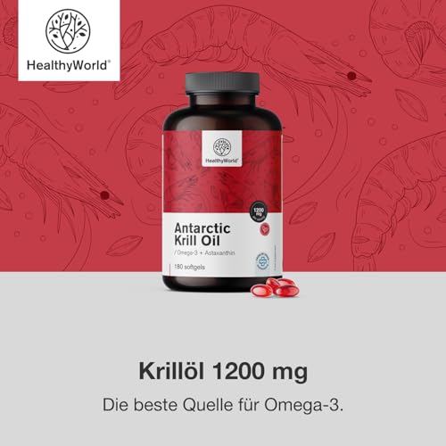 HealthyWorld® Krillöl 1200 mg - 180 Weichkapseln - Omega-3 + Astaxanthin - Ohne Gluten, Laktose und Künstliche Aromen - 3-Monats-Vorrat - Unterstützt Herz- und Kreislauffunktion