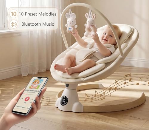 Image of Baby Swing for Infants, Portable Electric Baby Swings with Bluetooth, 5 Swing Speed, 10 Melodies, 5-Point Harness, Remote Control & Touch Panel - Infant Swing for Indoor & Outdoor Use, Beige