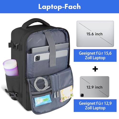 Taygeer EasyJet Handgepäck 45x36x20, Handgepäck Rucksack Flugzeug Herren, 15,6 Zoll Laptop Reiserucksack mit USB Ladeanschluss Leichtgewicht Cabin Bag Business Arbeit für Damen Teenager, Schwarz