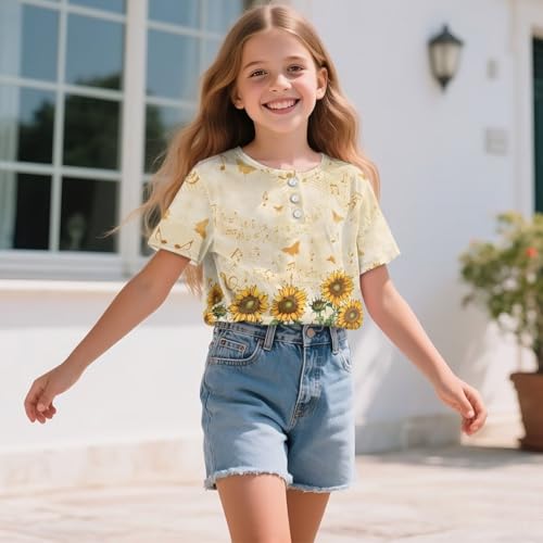Henley Shirt for Girls Short Sleeve Summer Tee with 3 Buttons Basic Comfortable Top for Ages 5-163