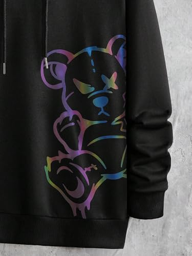 WDIRARA Men's Bear Print Drawstring Hoodie Reflective Drop Shoulder Long Sleeve Pullover Hooded Sweatshirts4