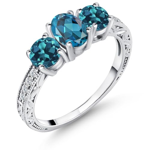 Gem Stone King 2.02 Cttw London Blue Topaz 3-Stone Ring | 925 Sterling Silver | Oval 7X5MM and Round 5MM Gemstone Birthstone | 3 Stone Wedding Anniversary Promise Ring For Women
