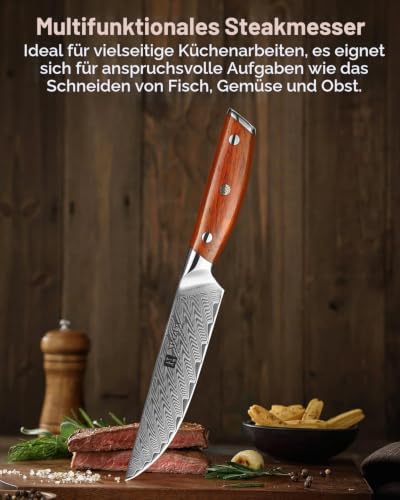 Foto von XINZUO Damaststahl 4-teilig Steakmesser Set,12.7cm Premium Besteckmesser Set Scharfe Steakbesteck Küchenmesser, Tafelmesser für Heim und Restaurant, mit Geschenkbox-Roseholz Griff-Yi Serie