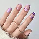 24 Stück Lila French Press On Nails - Kurze Quadratische Soft Gel Künstliche Nägel zum Aufkleben mit Blumenmuster Design Nail Art Manicure - Glossy Full Cover Fake Nails für Frauen