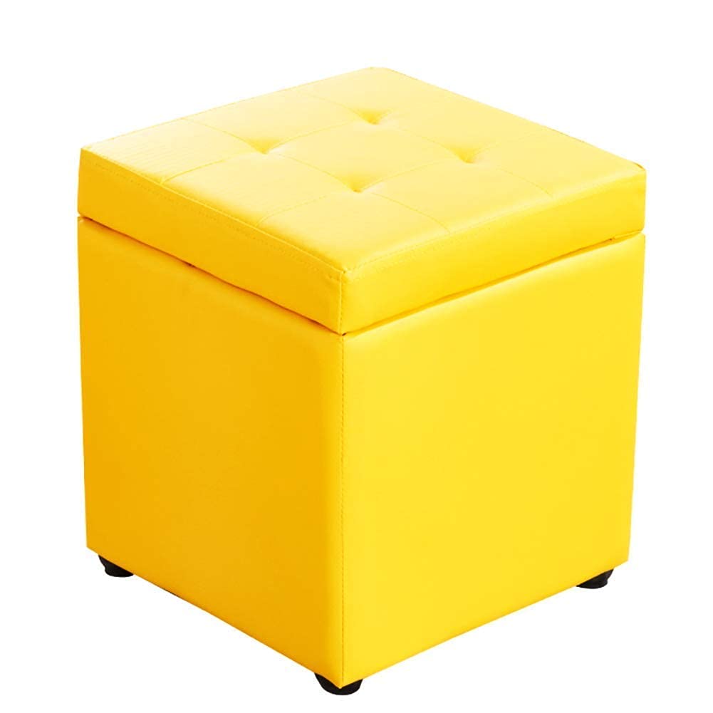 Pouf de rangement en faux cuir jaune 30x30x35cm pour salon et bureau