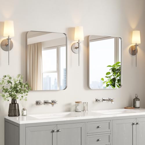 Image of USHOWER Brushed Nickel Bathroom Mirrors 22 inchx30 inch 2 Pack, Silver Rectangle Mirrors for Over Sink, Rounded Corner, Aluminum Frame, Anti-Rust, Tempered Glass, Horizontal or Vertical Mounted