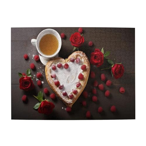 500 Piece Romantic Heart Raspberry Cake Wooden Jigsaw Puzzle for