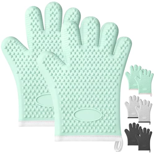 2Pack Silicone Oven Mitts Heat Resistant,Waterproof & Non-Slip Oven Gloves with Fingers,Cotton Lined Silicone Oven Gloves Kitchen Mitts for Cooking Baking Grilling and BBQ(Green)