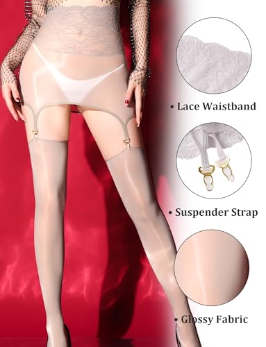 Image of FEOYA Women's Oil Shiny Lace Top Garter Pantyhose with Shimmer Thigh High Stockings Suspender Tights Hosiery (No Thong)