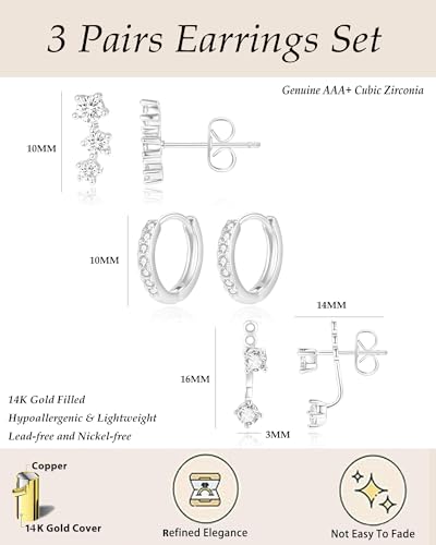ZHESHY Gold Hoop Earrings Set for Women Trendy 925 Sterling Silver Post Hypoallergenic Earrings Set for Multiple Piercing 14K Gold Plated Dainty Small Diamond Cartilage Huggie Stud Earring Stacks — view 6