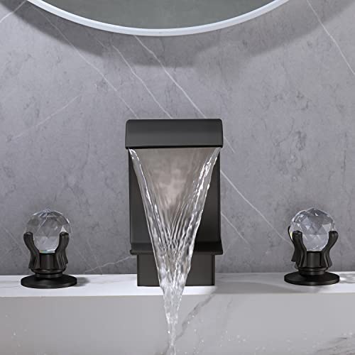 Bangpu 8 Inch Widespread Waterfall Bathroom Sink Faucet High Arc Deck Mount Bathtub Filler Faucet 2 Crystal Knobs Vanity Basin Mixer Tap, Matte Black #TOP4