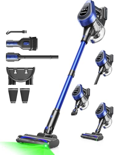 50Min Aspirapolvere Senza Fili Potente, 550W Scopa Elettrica Senza Fili, 50KPA Scopa Elettrica, 1,5 L Contenitore per la Polvere Aspirapolvere Senza Fili, Aspirapolvere Con filtro a 8 strati, Blu