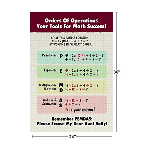 Image of Order of Math Operations Poster PEMDAS Teaching Mathematics Success Algebra Educational Learning Teacher Homeschool Display Supplies Aide Cool Wall Art Print Poster 24x36