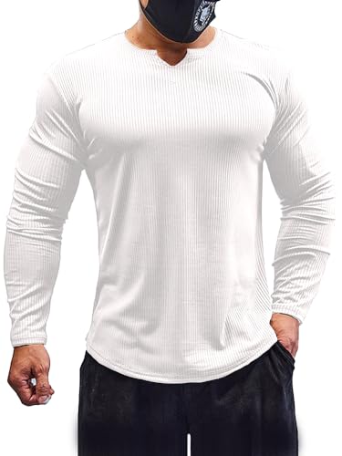Muhshoiy Camiseta de Manga Larga Ajustada para Hombre, Tops Acanalados con Músculos, Ropa Interior y Ocio Blanco L