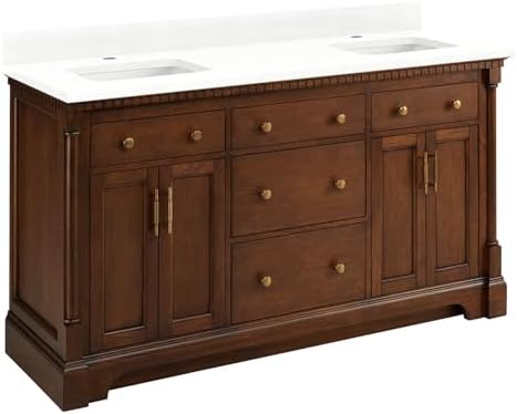 Signature Hardware 484367 Claudia 60" Double Basin Vanity Set with Mahogany Cabinet, Marble Vanity Top and Rectangular Undermount Sink - Single Faucet Hole