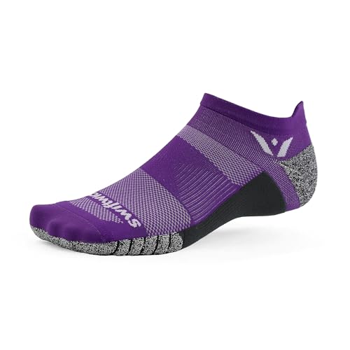 Image of Swiftwick Flite XT No Show Running Socks for Men & Women (Purple Boost) - Moisture Wicking Athletic Socks with Non Slip Support - Medium Cushion Compression Socks for Golf & Trail Running - Large